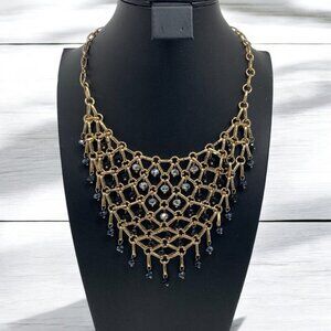 Vintage Art Deco Beaded Lace Chainmail Gold-Tone Necklace With Iridescent Beads